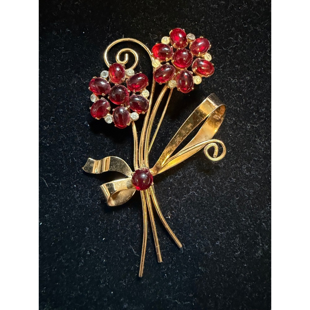 1940s Coro Sterling Silver Gold Vermeil Red Cabochon Flower Pin